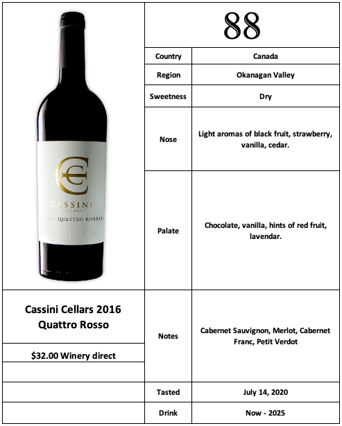 Cassini Cellars 2016 Quattro Rosso